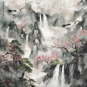 大师摄影作品，山涧云雾缭绕，瀑布，青松翠柏，桃花盛开，天空丹顶鹤在飞行，高清晰度画质。