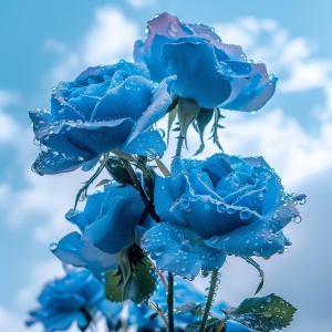 特写镜头蓝色玫瑰，天空背景，晨光，雨后，超高清画质。