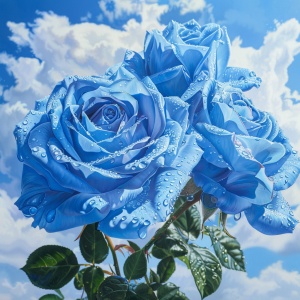 特写镜头蓝色玫瑰，天空背景，晨光，雨后，超高清画质。