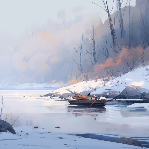 呼兰河，北方的河流，冬天，河上结冰。平面感强，色彩比较有年代感，插画效果，适用于书籍封面，极简