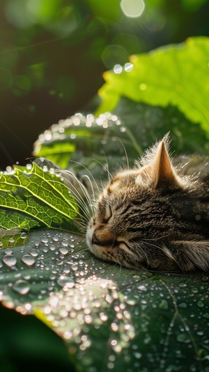 夏季雨后的中午，一个微型猫咪在一片大树叶上睡觉，阳光照在树叶上，露珠晶莹剔透