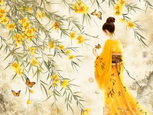 黄色的桂花，柳叶，蝴蝶，窗户，竹子，古代女子香痕，高清画质，细节清晰