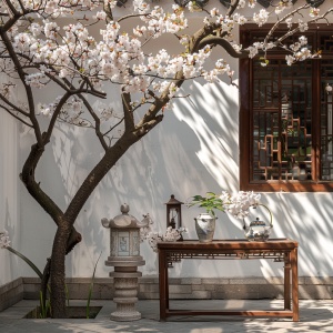 江南古风庭院一角，一棵樱花树在墙边，庭院一角摆放着一张方形古风木桌，桌上放着一盏宫灯，一个茶壶，院子里春意盎然。光线明亮，高清，真实自然
