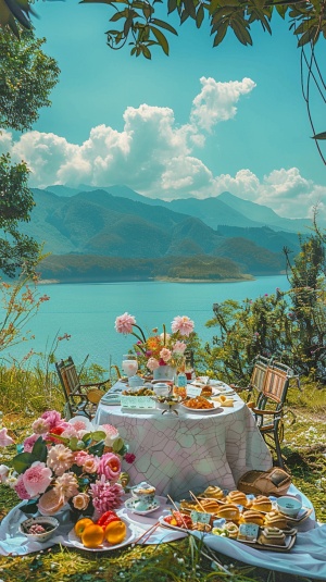 一幅风景如画的户外野餐场景,色彩柔和的花朵、俯瞰着四川省平芝湖的宁静水域和葱郁的绿色植物。湖边景色,草地上为两人设置好的桌子、椅子、桌布、花卉摆设,食物包括水果、小吃、茶杯,美丽的山脉在蓝天下清晰可见,阳光投射出柔和的影子,氛围宁静,自然景色田园诗般。高分辨率。逼真照片。
