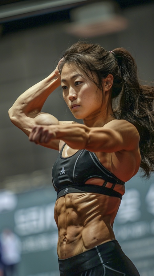 比赛中的 bikini 健美亚洲女运动员，肌肉感十足