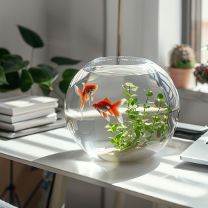 白色书桌上放了一个小的圆形玻璃鱼缸，鱼缸里有两条红色金鱼自由游动，阳光透过窗户照在桌面。,室内,微观