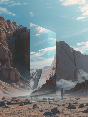 Mountain landscape in matrix digital style. with person walking in front of a big standing mirror. outside of the mirror it's all digital render, inside of the mirror is real, ar 3:4v 5.1
