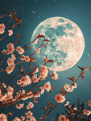 A bright moon is hanging in the sky, surrounded by peach blossoms and leaves on both sides of it. The photo adopts a wideangle lens to capture details, presenting an elegant atmosphere with soft tones. Under backlighting, flowers bloom brightly against the background of dark blue night sky. Moonlight shines through branches onto petals, creating a mysterious light effect. in the style of impressionism. ar 3:4