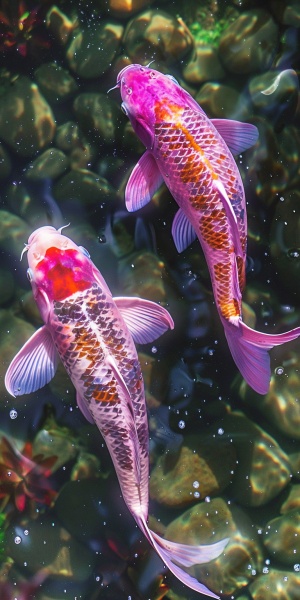 一对深粉红色鲤鱼，在水里游荡，水底白色超薄丝绸铺垫，水质清澈透明