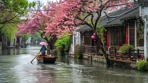 In the water town of Jiangnan, the ancient crabapple trees on the riverbank are full of colorful flowers. The houses in Jiangnan style allow people to walk along the riverbank in raincoats to work or go home. The boatman drove his small wooden boat along the flowing water. It's spring now, and the weather is rainy. Green plants and flowers have just emerged. You can also see traffic lights next to these houses. This photo was taken up close and has a high resolution, which is the style of traditional Ch