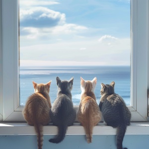 四只猫坐在窗台上眺望大海，Hanns Katz的一张微观照片，tumblr，极简主义，俯瞰大海，蔚蓝色的天空，我们可以看到大海