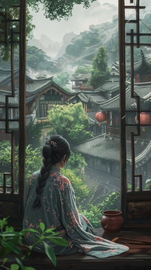 蘋花，村落，女子坐在窗前望着远方，高清画质，细节清晰