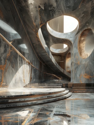 an image of an oscars theatre with a circular shape in the background, in the style of hyperspace noir, light bronze and gray, luxurious interiors, organic, fluid lines, snailcore, i can't believe how beautiful this is, mechanical designs
