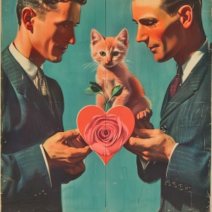 一双男人的手捧着一个心形的玫瑰花双面趴着一只粉色的小猫