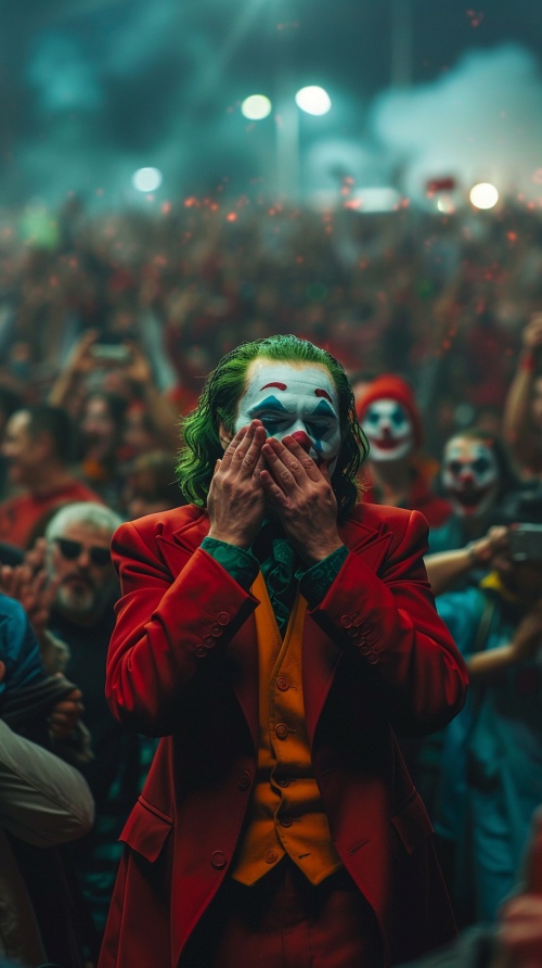 穿着红色套装的丑角,在夜晚的人群面前笑着,捂着他的脸,来自《小丑》电影的截图,托德·菲利普斯风格的电影镜头。