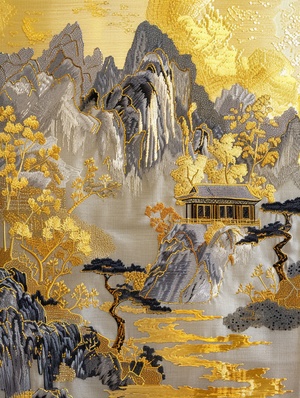 国风插画｜刺绣山水｜Chinese embroidery craft depicting gold yellow mountain pavilions and trees in the style of gilding, flowing liquid silver against a minimalist color field background, with freehand brushwork techniques capturing natural light and golden light, shown through ultrahigh definition images with detailed details in HD quality. ar 3:4#Midjourney #每日艺术分享 #浪漫生活的记录者 #生活美学 #生活中的美学灵感 #来自星星的艺术家 #艺术 #视觉艺术 #艺术设计 #生活中的美学灵感 #生活美学 #治愈系插画 #原创插画 #诗经的魅力 #传统文化 #东方美学 #国风国潮 #原创图案 #新中式 #AIGC #装饰画 #女性 #女性成长 #设计灵感 #设计 #AI画