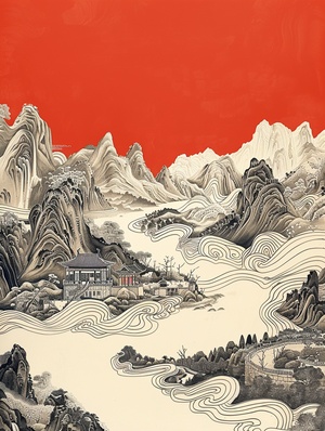 东方奇谭｜云中高山 风中楼阁关键词思路：The cover of the Chinese landscape, with dense black and white lines forming mountains and rivers, the Chinese People's Monument,Tiananmen Square, with a red background at the top, a strong color contrast#视觉艺术 #视觉 #东方美学 #仙境 #AI艺术 #AI插画 #原创绘画 #绘画素材