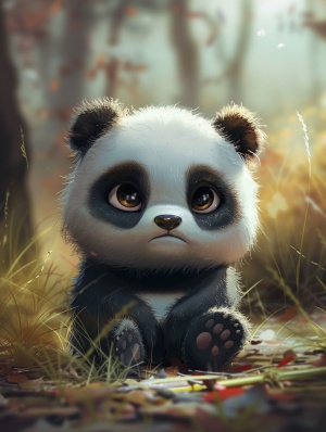 一只可爱的小熊猫，坐在地上，做着各种表情（可爱的，伤心的，生气的等），高清图片，卡通，四宫格的形式
