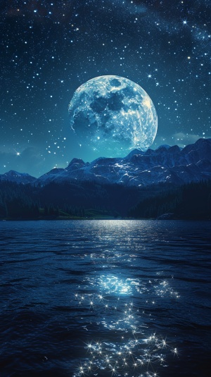 天空中星光闪烁，巨大无比的月亮，其倒影在河流之上，空旷的夜晚，远处是绵绵不断的山影，高分辨率的特写