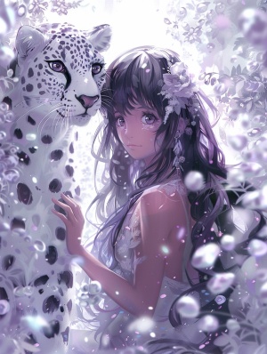 wide view,A beautiful girl,big eyes,long hair,black hair, fullbody, in front of white cheetah and violet around a girl,Crystal,background is white and light purple,dream scene,Surrealism,master works,i can't believe how beautiful this is sref（参考）niji 6 ar 3:4 s 600