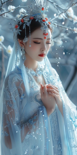 令人惊叹的汉服婚纱斗篷上绣着透明水晶闪闪发光的蓝色水晶，像钻石凤凰一样生动。拖动2米的裙子，以其美丽高贵的冰蓝色魔力辛烷16k呈现出超现实的灯光背景