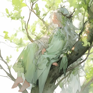 一个女孩披散着头发，身穿淡绿色衣服，坐着树枝上，背影