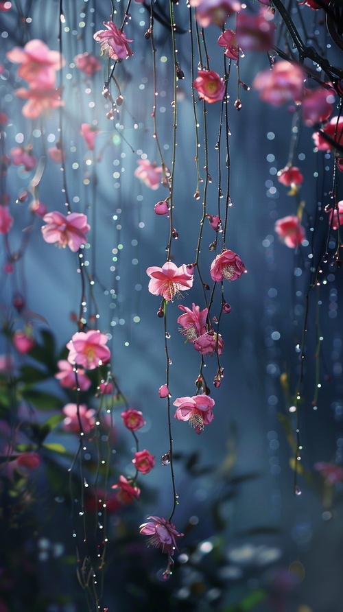 Spring morning, after the heavy rain, the world's top photographers shot 10,000 romantic flowers hanging in the mountains, petals clear crystal dew, clearly visible beautiful soft light shadow rendering flowers, magic, aesthetics, romance, aesthetic, fantasy, Miyazaki Hayao HD shooting,HD