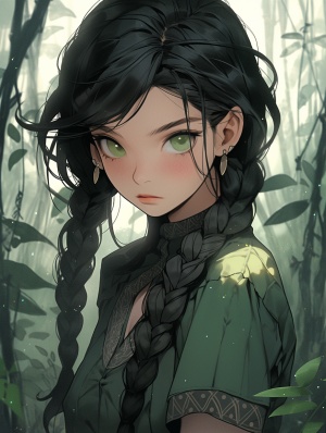 黑色头发绑着辫子，深绿色眼睛，可爱，森林。女。