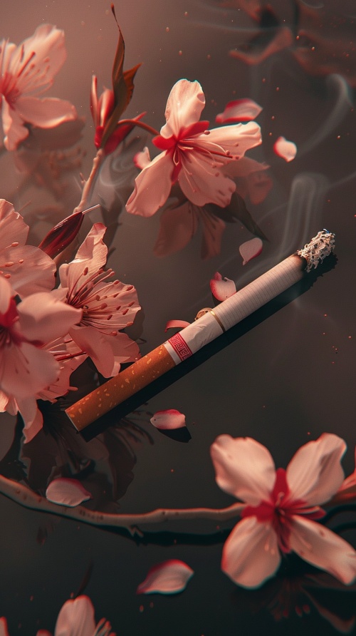 一支烟，和一朵花在一起，画面要唯美，注意空间构图