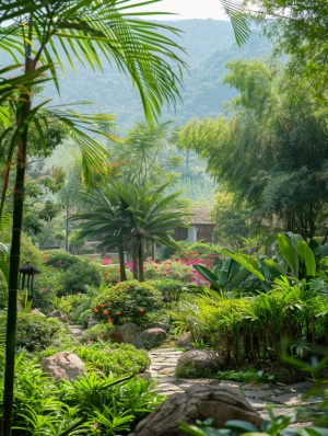 别墅院子，背靠大山，竹林绿葱葱的，院子里有假山温泉，各种花草绿植
