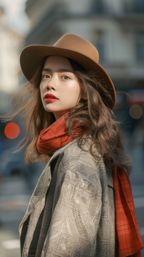一位美丽的欧洲女性超写实照片，用徕卡相机拍摄，在巴黎街头，具有Instagram网红风格，灯光照射、漂亮光影,细致逼真。