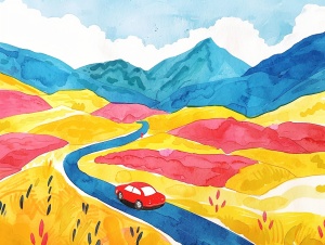 Spring Day Watercolor Illustration with Red Car on Winding Road