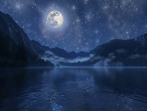 巨大无比的月亮在河上倒影中闪烁