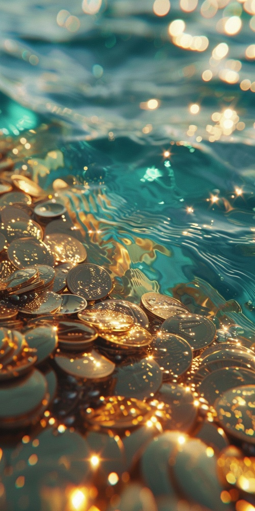 In the water, there are gold coins in shades of turquoise and light blue, small waves, dreamy natural light, soft focus, 16Kar 9:16v 6.0