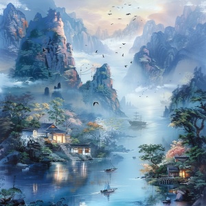 请模仿根据中国画风格特点，天上有鸟，山中有房和人物，水中有船，创作一幅气韵生动的山水画8K