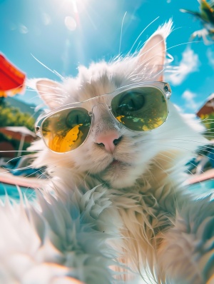 cinematic shot, Pure White Ragdoll Cat named Volt takes selfies while travelling in the Bali. Volt is wearing a stylish sunglasses, midday, Low angle, Surf the board in Bali vibrant under the bright sun ar 3: 4style raw stylize 800 v 6.0电影拍摄，纯白布娃娃猫Volt在巴厘岛旅行时自拍。Volt戴着时尚的太阳镜，中午，低角度，在巴厘岛的冲浪板上，在明亮的阳光下充满活力ar 3:4-style rawstyle 800v 6.0