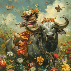 太阳下山时放牛娃坐在大水牛背上吹着笛子，生动形象，放牛娃颈部带着银项圈，身穿红色吊带娃娃衣，牛角圆圆的，路边花草上有许多飞来飞去的蝴蝶。