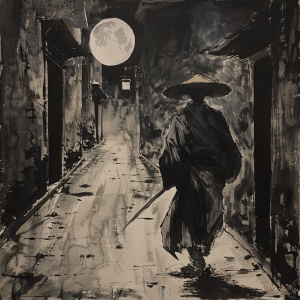 夜晚古巷，明月高照，一个戴着斗笠的背着刀的中国式古装男子走向前方笼罩黑影的小巷，只露出背影