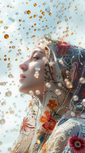 A girl wearing an intricate embroidered headscarf, surrounded flying glass beads in the sky. minimalist She is dressedin traditional england with patterns of colorful flowers and plants on her.The background features a vast white space with sunlight shining through clouds onto her face. Surrealism photography style in the style of Surrealism photography.ar3:4