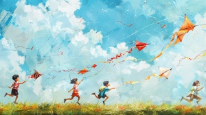 中国风筝，小孩子奔跑在草地上放风筝，十多个形态各异的纸鸢在天空中随风飘扬，横向构图