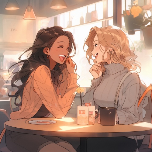 两个美女，咖啡馆，谈笑风生