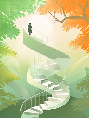 螺旋偶遇，an illustration shows two spiral staircases leading to each other in profile with trees and leaves around them. a man is walking down,an a woman is walking up one staircase holding out her hand.walking in opposite directions,chance encounter, the color palette includes light green tones, orange highlights, and soft shadows. This scene has a dreamy atmosphere, capturing both natural beauty and emotional depth. It's a serene moment that evokes warmth and nostalgia,deep light portrayal,3d renering nij