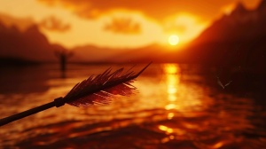 ((masterpiece)), ((best quality)), 8k, high detailed, ultra-detailed, a slow-motion arrow in flight, the setting sun's reflection on the arrowhead, a distant archer releasing the arrow, a tranquil river in the background, silhouettes of mountains, a sky filled with vibrant orange and red hues, (rippling water from the arrow's impact), (the archer's focused expression), (the arrow's feathered flight), (the lingering golden light of dusk)
