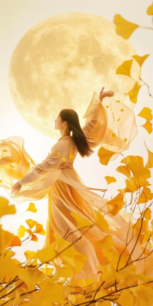 A dancer in traditional Chinese attire gracefully dances under the glow of an oversized yellow sun, surrounded by delicate ginkgo leaves. The scene exudes elegance and cultural richness against a white background, captured with the soft focus and warm tones reminiscent of film photography. This composition evokes ancient artistic beauty while showcasing dynamic dance movements that add energy to the overall visual experience