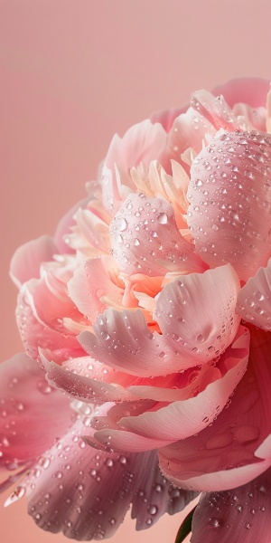 peony flower, crystal clear peonies, pale pink background, crystal dew water droplets on petals, high definition photography