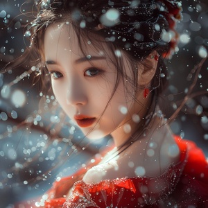 少女，少女穿着一身红色的流仙裙，她肌肤胜雪，双目犹似一泓清水，顾盼之际，自有一番清雅高华的气质，让人为之所摄、自惭形秽、不敢亵渎。但那冷傲灵动中颇有勾魂摄魄之态，又让人不能不魂牵梦绕。