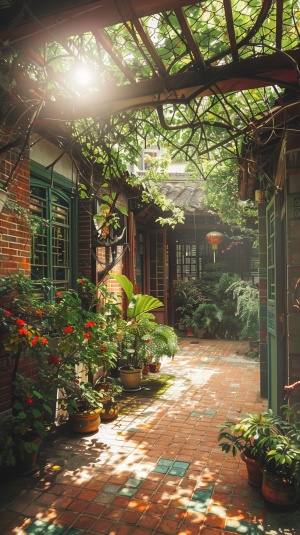 一个中式庭院,红砖青瓦的墙面上覆盖着绿色植物和树枝,透过广角镜头看到外面的明媚阳光。这个庭院位于一座古老建筑的旁边,被树木和花朵环绕。高清摄影风格。