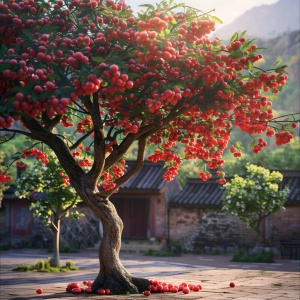 村口一颗樱桃树，挂满了樱桃，红彤彤的，微微晨光，雨后，超真实，超高清画质。