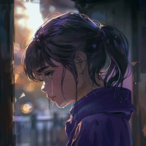 早起的大街上，阳光照射这哭泣的失恋的女孩，穿着紫色上衣一头马尾，脸上挂着泪珠