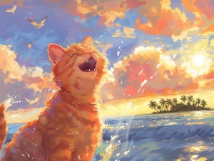 一只开着二战时战斗力的橘猫，带着防风镜，表情大笑，飞过鱼群跳跃的海洋，海中有一个长着椰子树的小岛，背景是巨大的落日和晚霞，宫崎骏画风